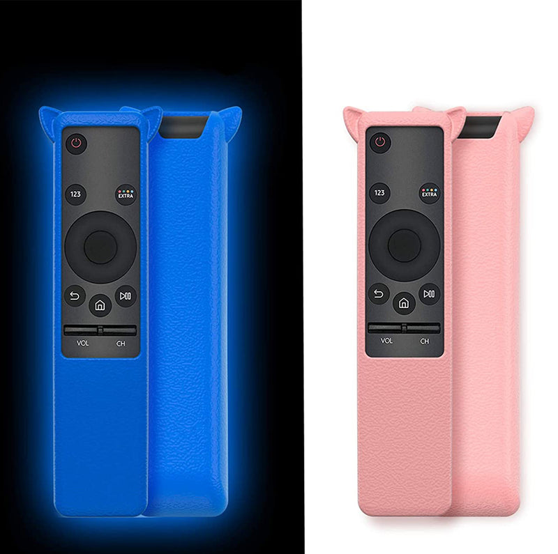 2 Pack Silicone Protective Remote Case for Samsung Smart TV Remote Control BN59 Series, Cute Cat Ear Shape Shockproof Remote Cover with Hand Strap Anti-Lost and 4 Batteries （Blue+ Pink）