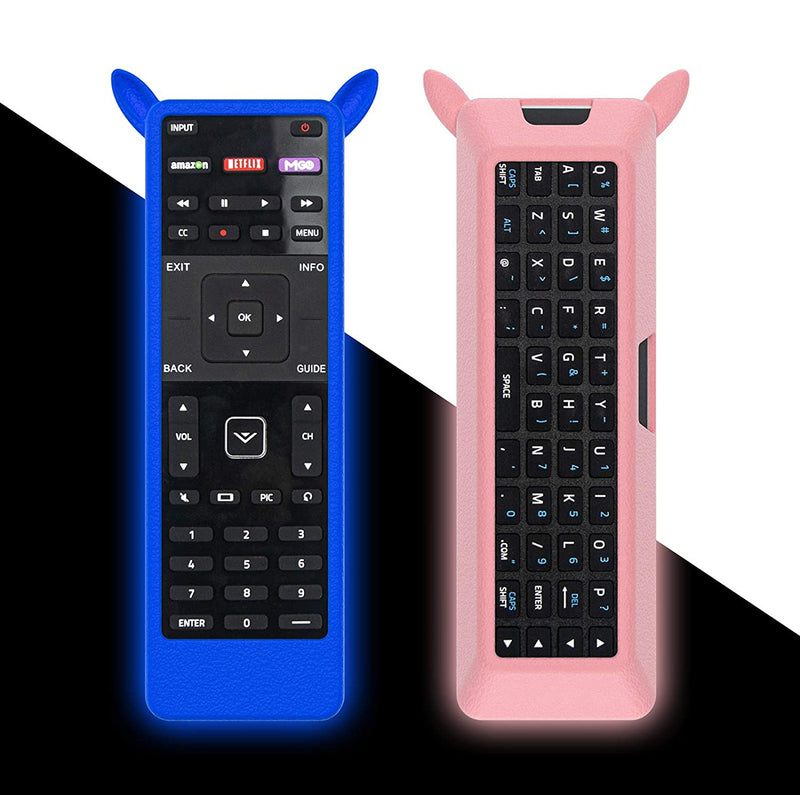 2 Pack Glow Remote Case for Vizio XRT500 Smart TV Remote Cover for VIZIO Smart TV Remote Control Silicone Sleeve for Vizio XRT500 Remote Hand Strap Anti-Lost Rabbit Ears Design (Pink+Blue)