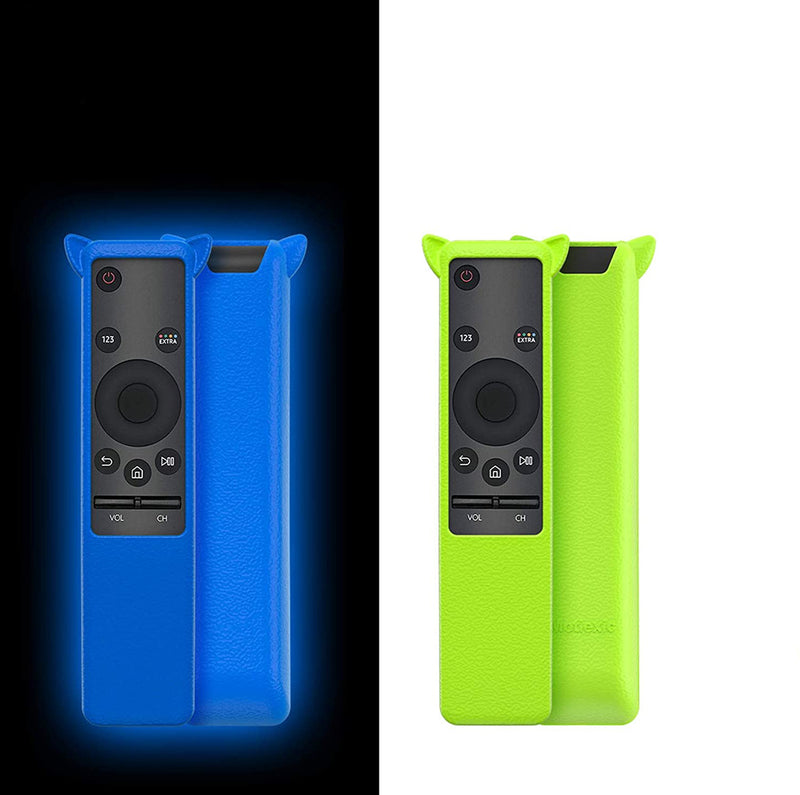 2 Pack Silicone Protective Glow Remote Case for Samsung Smart TV Remote Control BN59 Series, Cute Cat Ear Shape Remote Cover Shockproof with Hand Strap Anti-Lost and 4 Batteries （Blue+ Green)