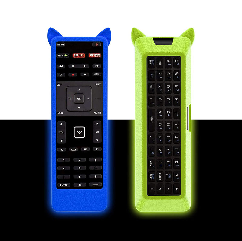 2 Pack Glow Remote Case for Vizio XRT500 Smart TV Remote Cover for VIZIO Smart TV Remote Control Silicone Sleeve for Vizio XRT500 Remote Hand Strap Anti-Lost Cat Ears Design (Green+Blue)