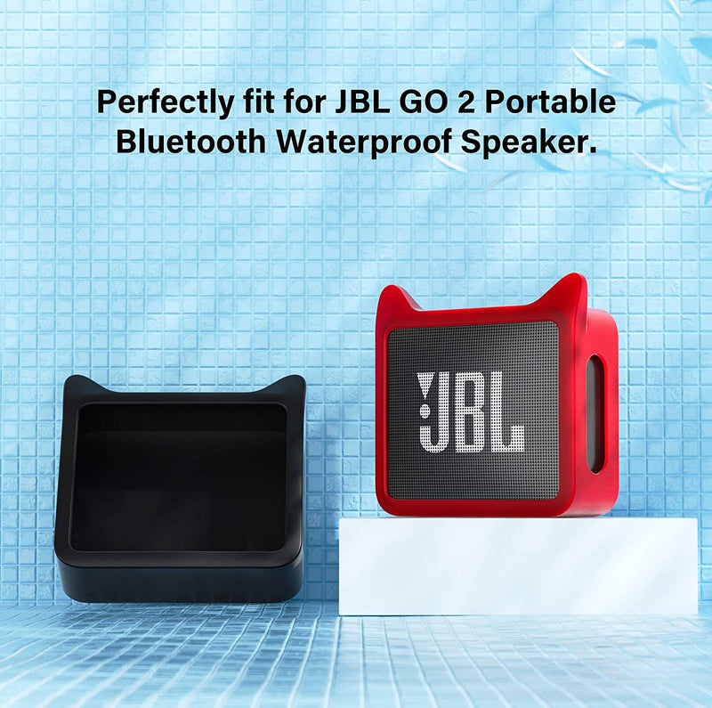 2 Packs Protective Silicone Stand Up Carrying Case Compatible with JBL GO 2 Bluetooth Speaker,for Travel Outdoor Portable Waterproof Cute Cat Ear Shape, Black and Red