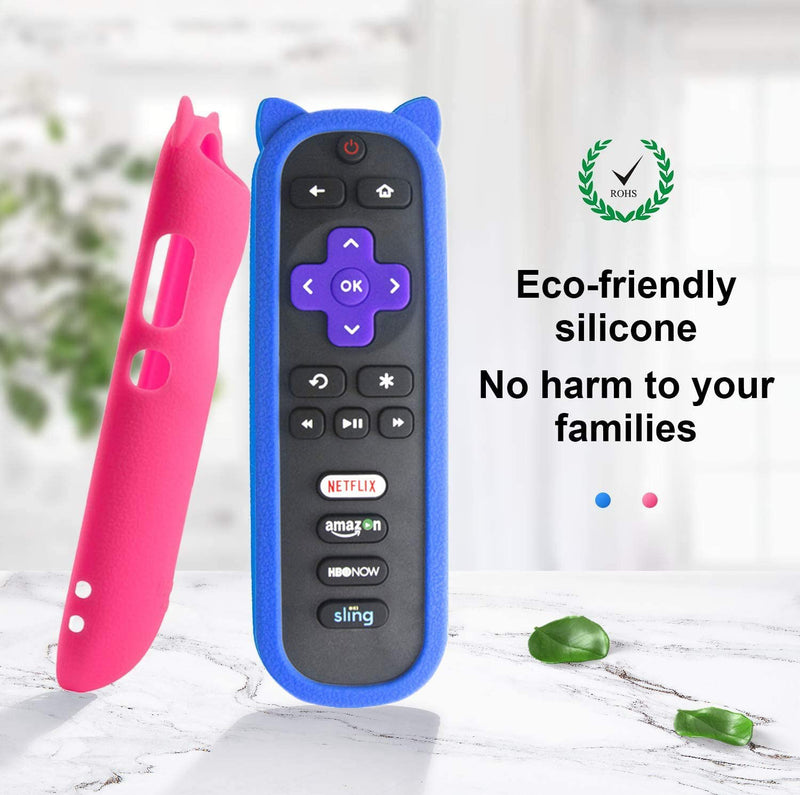 Blue + Pink Silicone Protective Soft Cases Covers Compatible with RC280 TCL Roku TV Remote Control, Cute Cat Ear Shape Case with  Wrist Strap